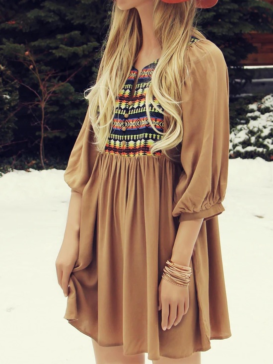 Umgee Dresses & Skirts - Umgee Babydoll Tunic Dress Tribal Boho Puff Sleeve Tan Large
